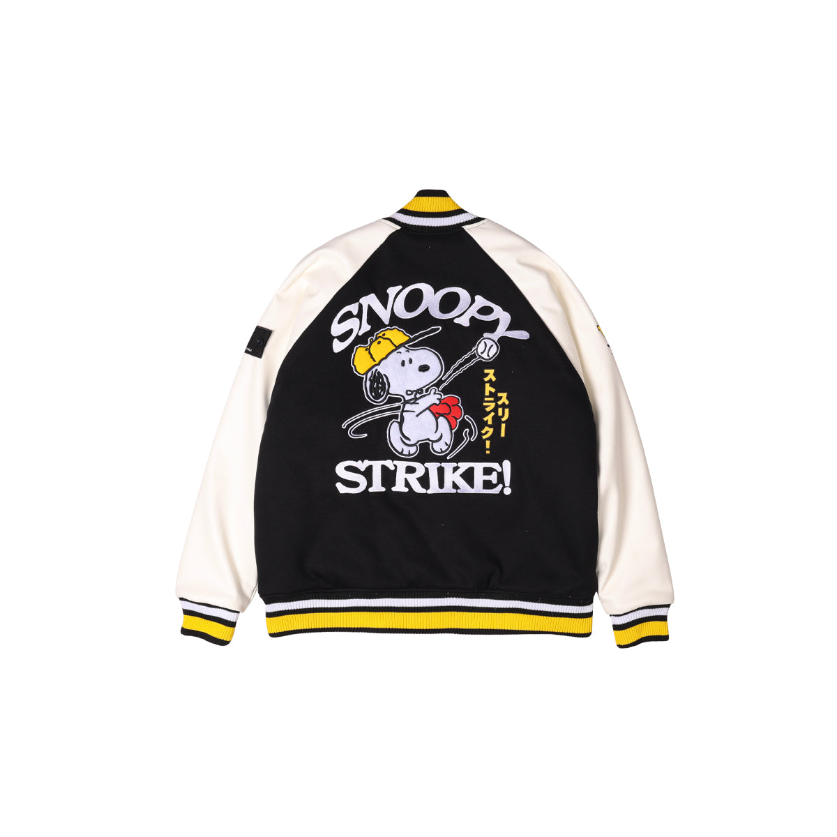 W.Essentiels X Peanuts Collegiate Varsity Jacket Snoopy Noir Black White Yellow