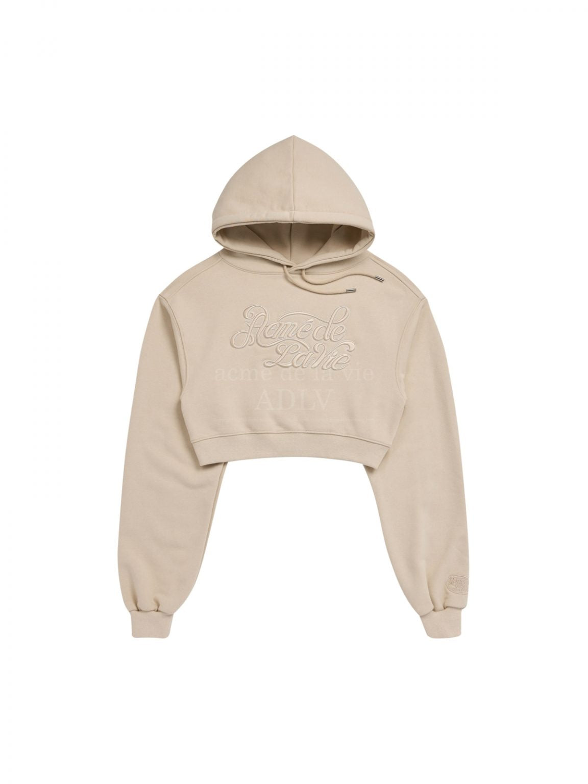 ADLV Curly Logo Emboss Embroidery Crop Top Hoodie Beige